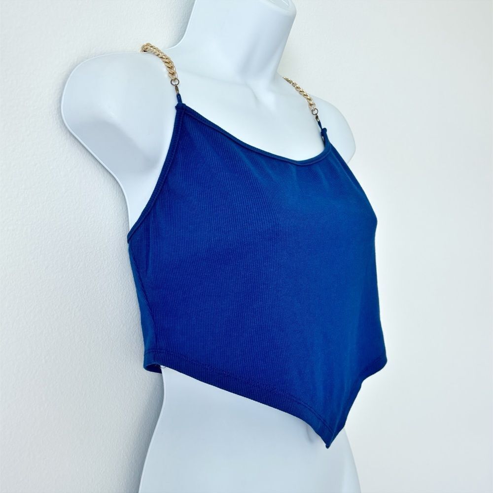 Women's Blue Gold Chain Straps Stretch Sleeveless Cropped Top Larg